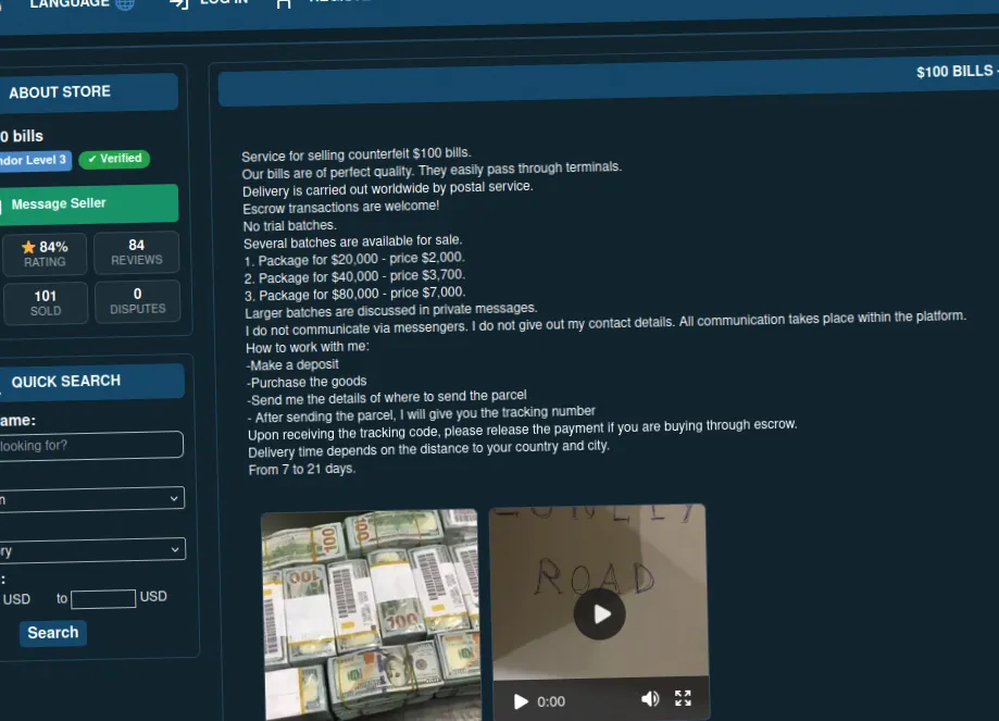 Darknet marketplace interface selling counterfeit currency with bill images